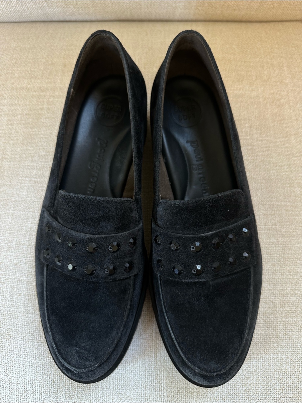 NWOB Paul Green Black Suede Loafers with Black Crystal embellishment size 8